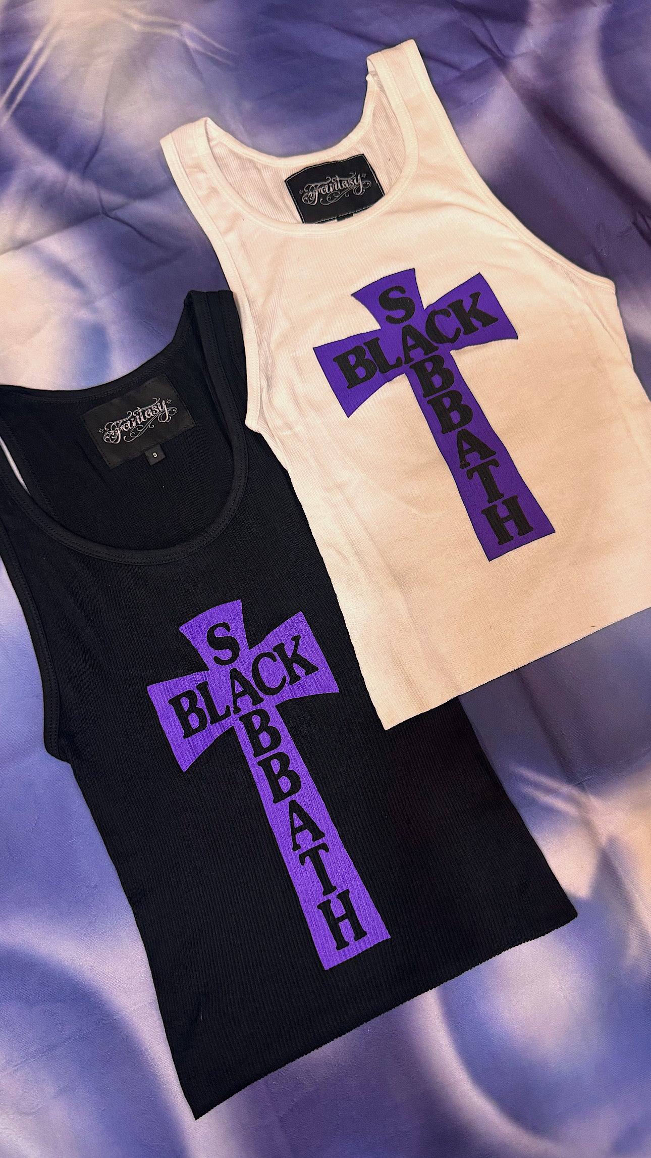 BLACK HEADLESS CROSS - PURPLE PRINT RIBBED THERMAL VEST