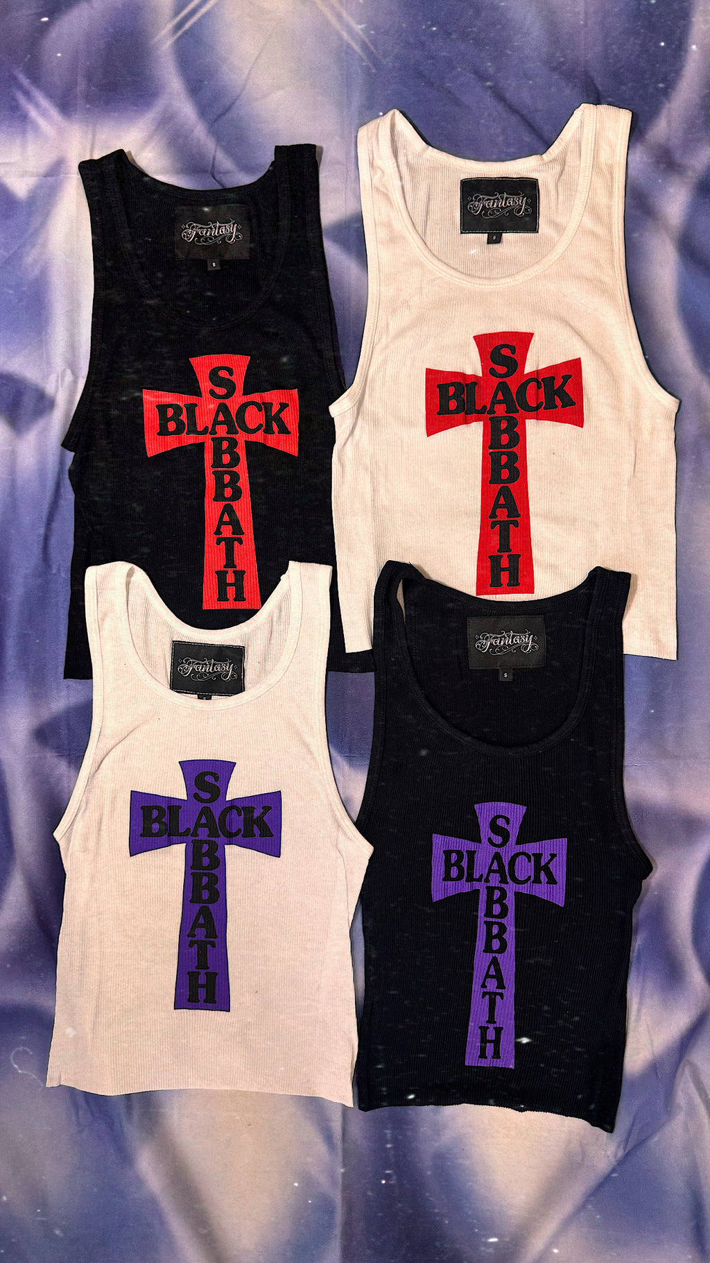 BLACK HEADLESS CROSS - PURPLE PRINT RIBBED THERMAL VEST