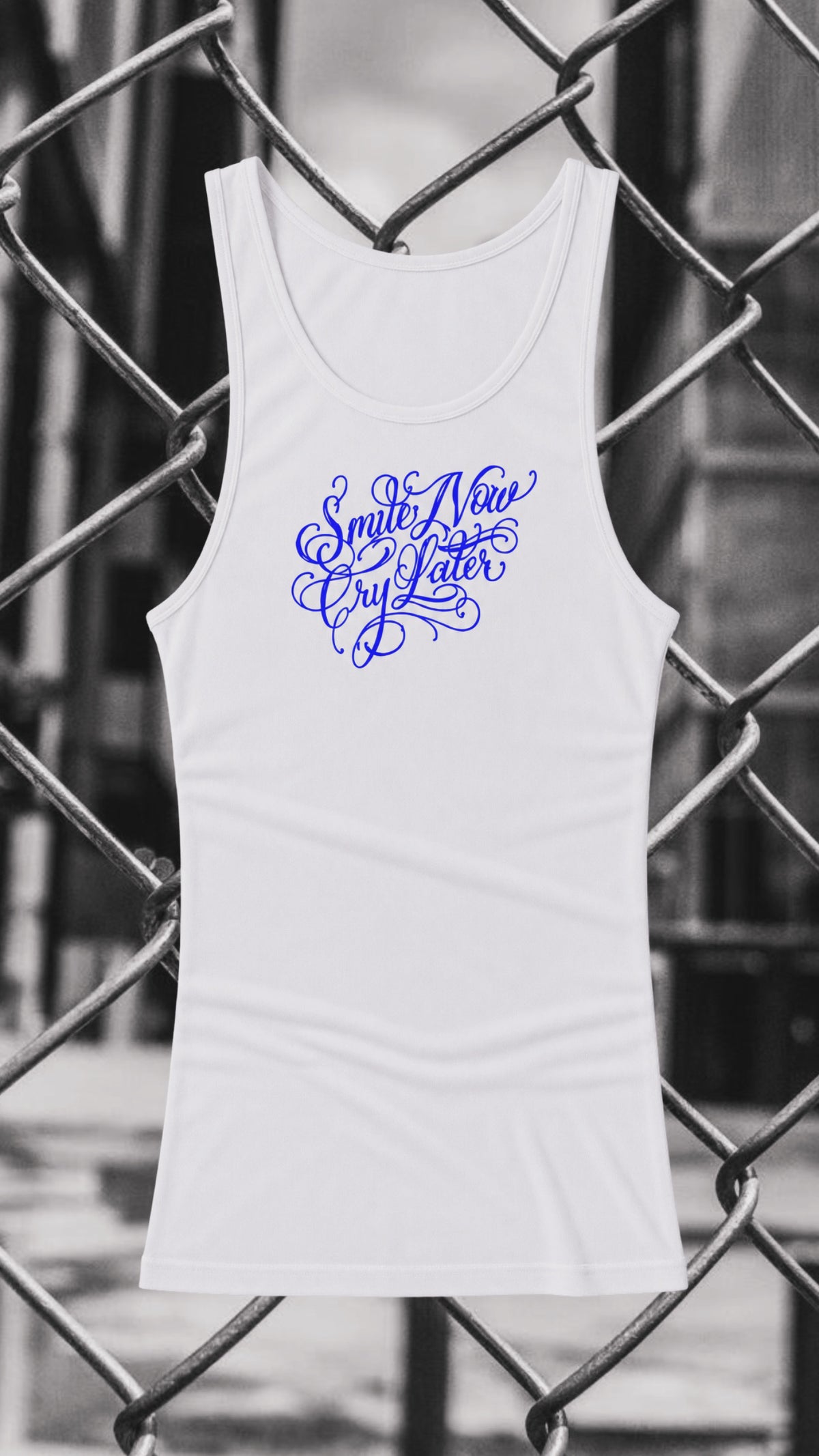 BLUE SCRIPT - WHITE RIBBED TANK