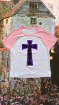 PURPLE HEADLESS CROSS -PINK SHORT SLEEVED RAGLAN