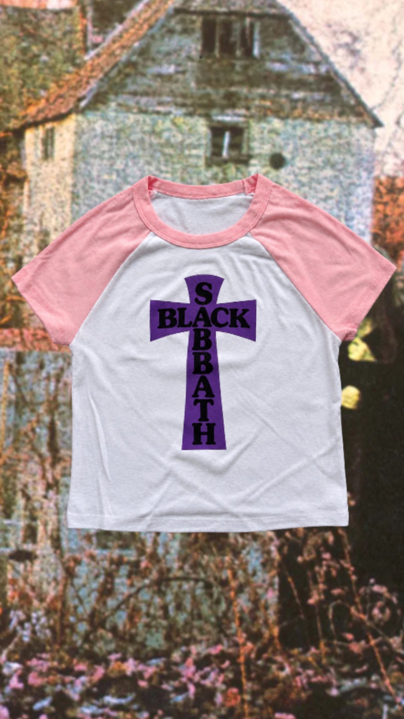 PURPLE HEADLESS CROSS -PINK SHORT SLEEVED RAGLAN