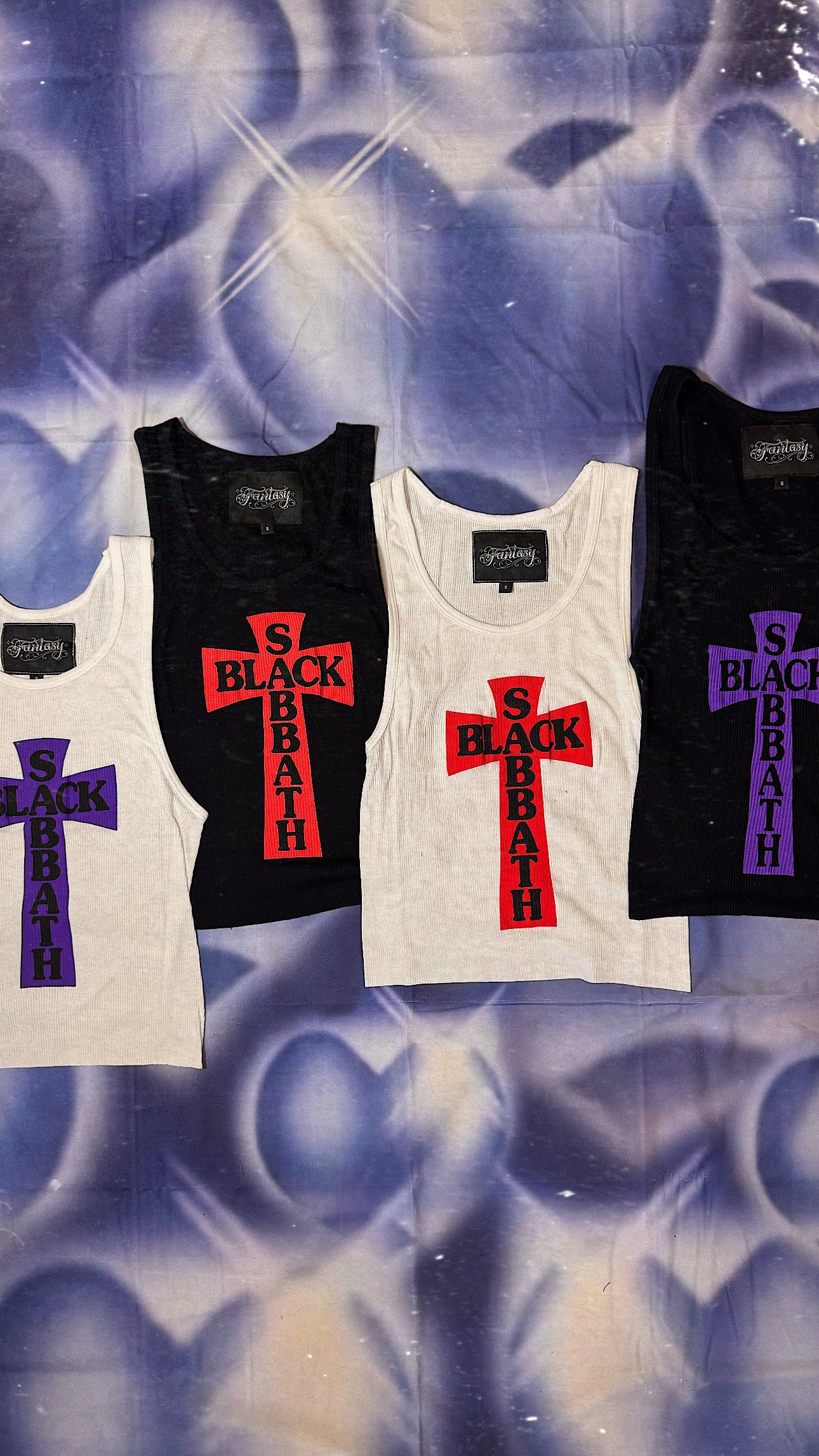 BLACK HEADLESS CROSS - PURPLE PRINT RIBBED THERMAL VEST