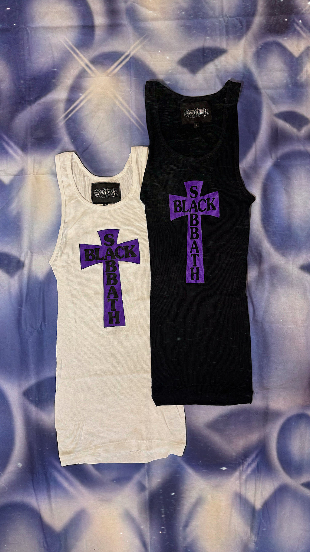 BLACK HEADLESS CROSS - PURPLE PRINT RIBBED THERMAL VEST