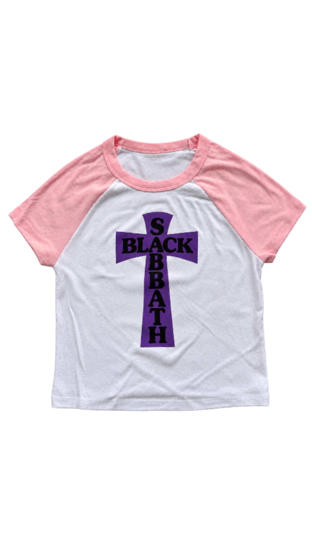 PURPLE HEADLESS CROSS -PINK SHORT SLEEVED RAGLAN